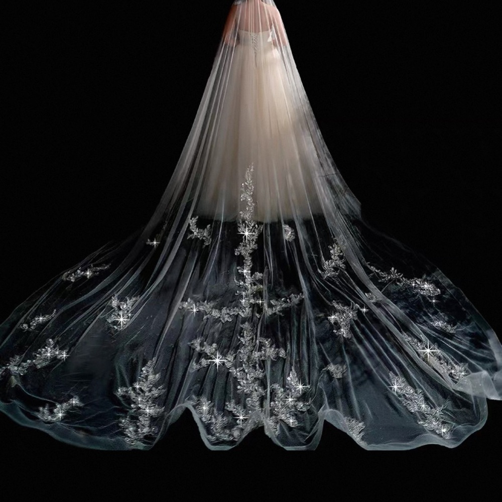 Long Embroidered Floral Cathedral Veil -Soft Ivory